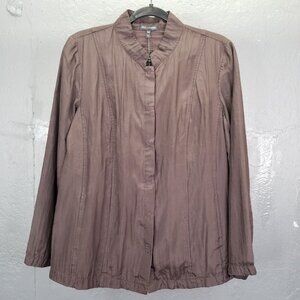 Eileen Fisher Seamed Jacket Medium Silk Blend Crinkle Clove Brown Snap Front NEW